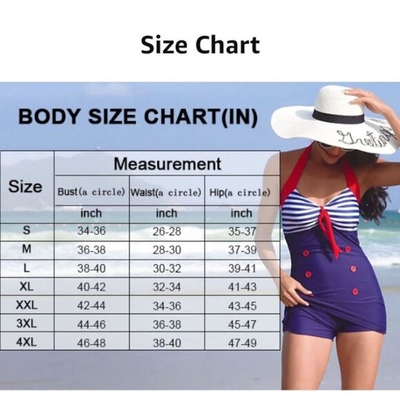 One Piece Plus Size XXL Navy Blue Red & White Vintage Style Halter Top Swimsuit - Picture 9 of 9